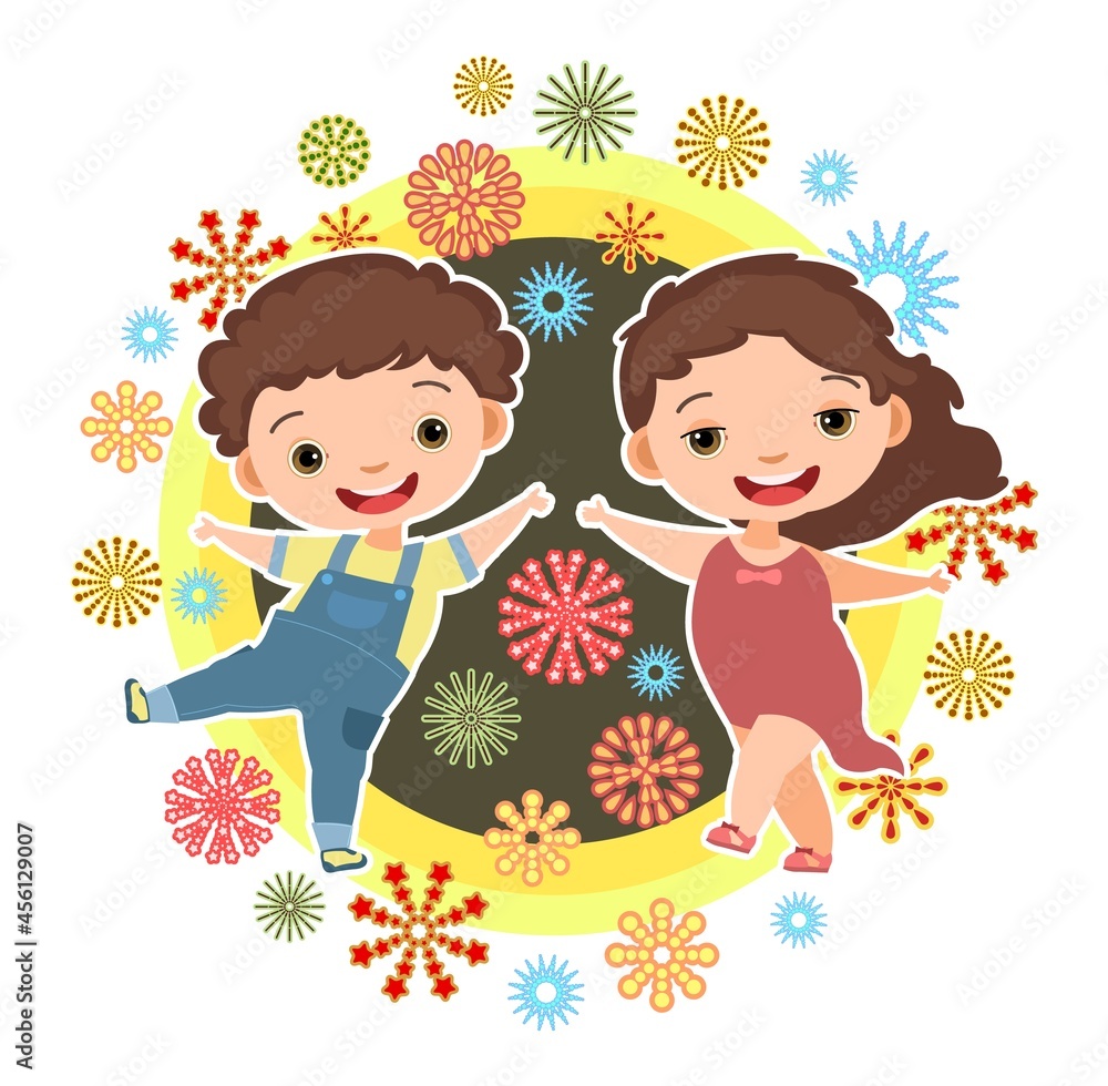 Child with salute. Little boy and girl. Fireworks at birthday party. Kid is jumping for joy at party. Charming active cute character kid. Birthday. Cartoon style. Isolated. Vector Child with salute. Little boy and girl. Fireworks at birthday party. Kid is jumping for joy at party. Charming active cute character kid. Birthday. Cartoon style. Isolated. Vector