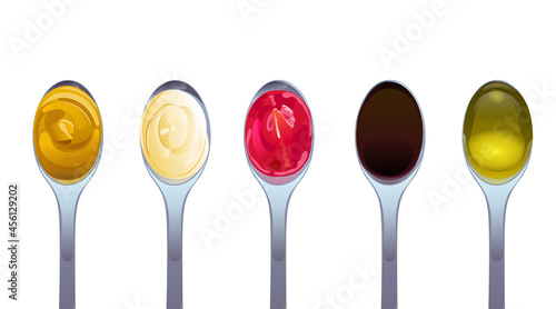 Big sauce in spoons set. Soy, Olive Oil, Mustard, Ketchup and Mayonnaise sauces. Condiment elements for food design.