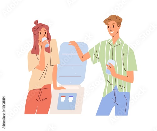 People drinking and chatting by water cooler in office. Man and woman talking by aqua dispenser. Colleagues with glasses quenching thirst. Flat vector illustration isolated on white background