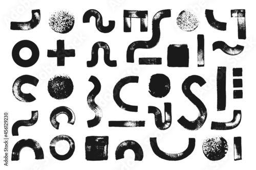 Set of various geometric forms with hand painted texture. Brush stroke, arc, circle, wave. Artistic design elements.