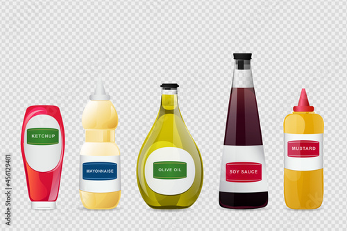 Big sauce in bottles set. Soy, Olive Oil, Mustard, Ketchup and Mayonnaise sauces. Condiment elements for food design.