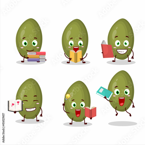 A picture of pistachios seeds cartoon character concept reading an amusing book