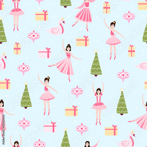 Colourful christmas seamless pattern with ballerina and xmas tree, gift boxes for wrapping paper or chidren textile
