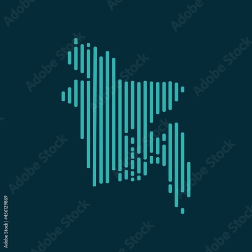 Vector abstract map of Bangladesh with blue straight rounded lines isolated on a indigo background.