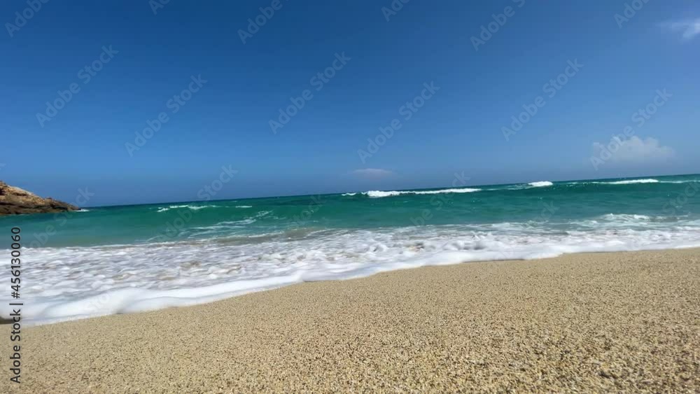 no people waves on the shore mesquida cove in mallorca balearic islands turquoise blue mediterranean sea, fine white sand beach no people waves on the shore mesquida cove in mallorca balearic islands turquoise blue mediterranean sea, fine white sand beach