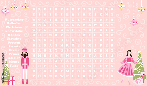 Christmas word search game for kids with nutcracker character and ballerina with xmas eve on pink background