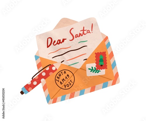 Christmas handwritten wish letter to Santa Claus. Pencil and open post envelope on Xmas eve. Traditional written paper mail to North Pole. Colored flat vector illustration isolated on white background