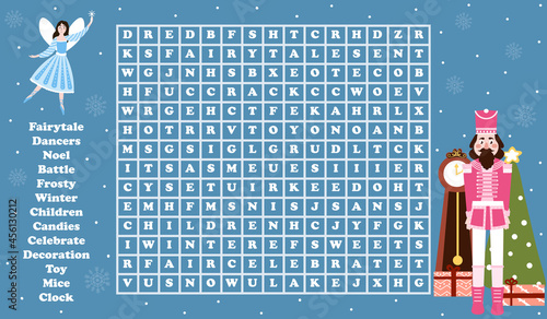 Christmas word search game for kids with nutcracker character and fairy with xmas eve on blue background, riddle for learning english vocabulary, printable worksheet in cartoon style