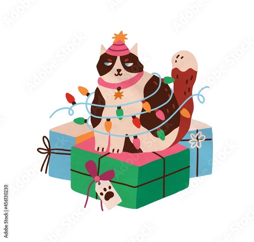 Cute funny cat tangled in Christmas light garland, sitting over winter holiday gift boxes. Naughty kitty on New Year presents. Pet and giftboxes. Flat vector illustration isolated on white background
