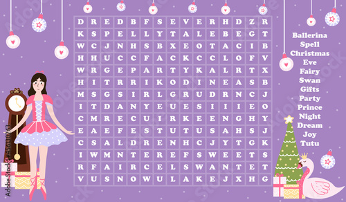 Christmas word search game for kids with nutcracker character and ballerina with xmas eve on violet background, riddle for learning english vocabulary, printable worksheet for children books