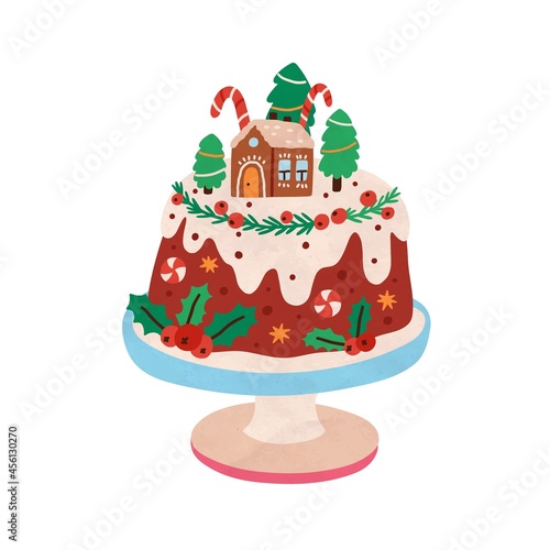 Christmas cake with festive decoration. Baked sponge dessert with Xmas stick, gingerbread house, firs, berries. Winter holiday pie. New Year food. Flat vector illustration isolated on white background