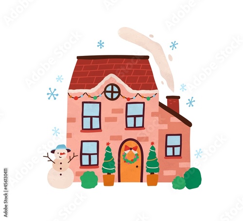 House exterior with decor at Christmas time. Outside cozy home in winter with...