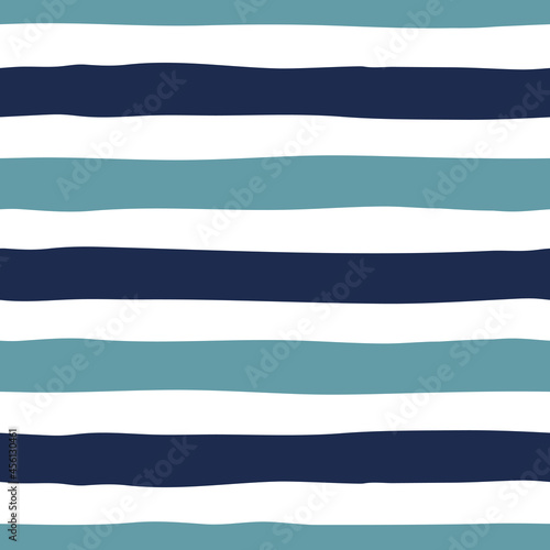 Coastal stripe seamless vector pattern. Organic, hand drawn, rough textured horizontal lines in aqua, turquoise, white and navy blue. Geometric, fresh, nautical style repeating background design. © Grace