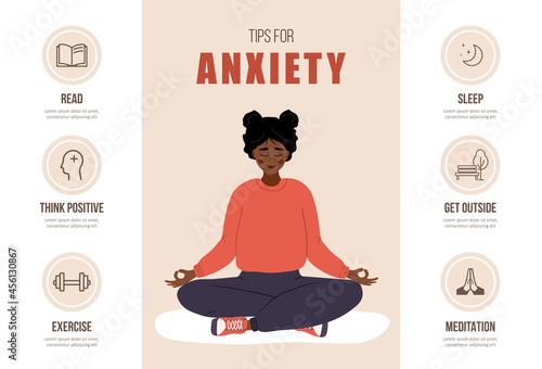 Tips for anxiety. Mental health concept. Happy african woman meditating in lotus position. Infographic of psychotherapy. Mood disorder. Vector illustration in flat cartoon style.