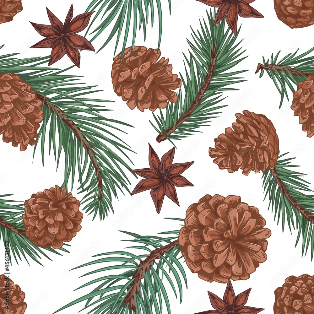 Fototapeta premium Seamless pattern with fir tree branches and cones on white background. Endless repeatable texture with Christmas spruce and anise stars. Vintage coniferous backdrop. Hand-drawn vector illustration
