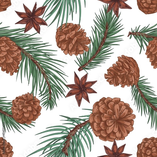 Seamless pattern with fir tree branches and cones on white background. Endless repeatable texture with Christmas spruce and anise stars. Vintage coniferous backdrop. Hand-drawn vector illustration