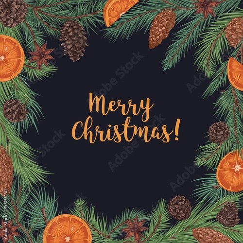 Merry Christmas card with fir branch border and background for text. Winter holiday postcard design with Xmas coniferous frame with orange fruit and cones decoration. Hand-drawn vector illustration