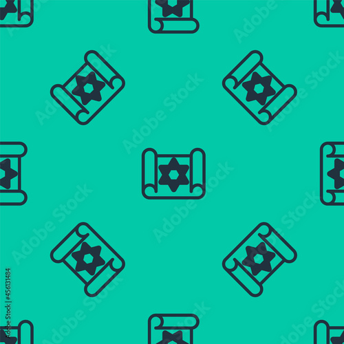 Blue line Torah scroll icon isolated seamless pattern on green background. Jewish Torah in expanded form. Star of David symbol. Old parchment scroll. Vector