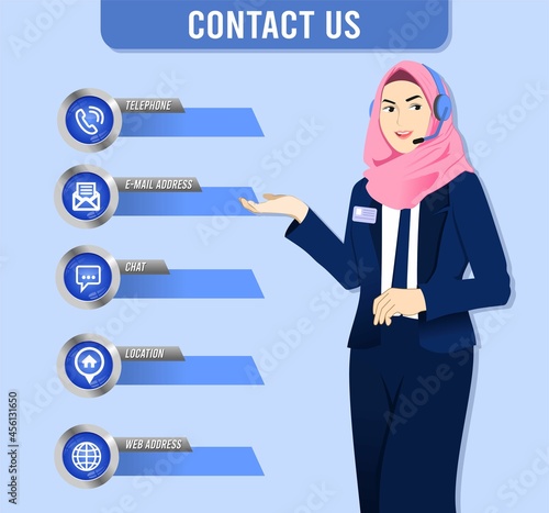 An attractive Muslim woman in office wear and hijab. Customer service or technical support landing page concept. vector illustration