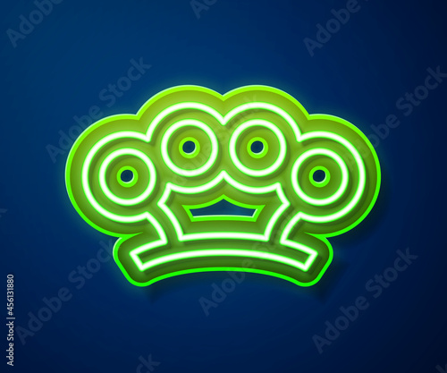 Glowing neon line Brass knuckles icon isolated on blue background. Vector