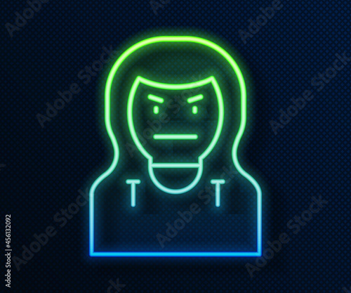 Glowing neon line Thief mask icon isolated on blue background. Bandit mask, criminal man. Vector