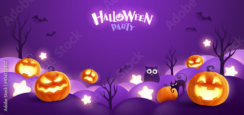 Happy Halloween. Group of 3D illustration glowing Jack O Lantern pumpkin on treat or trick fantasy fun party celebration purple background design.