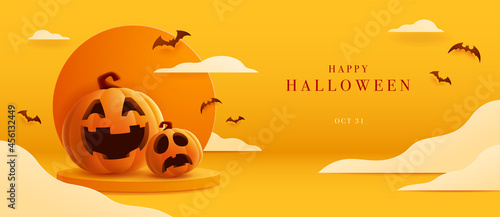 3D illustration of cute Jack O Lantern on a podium on Halloween theme  paper art style of cloud scene background.