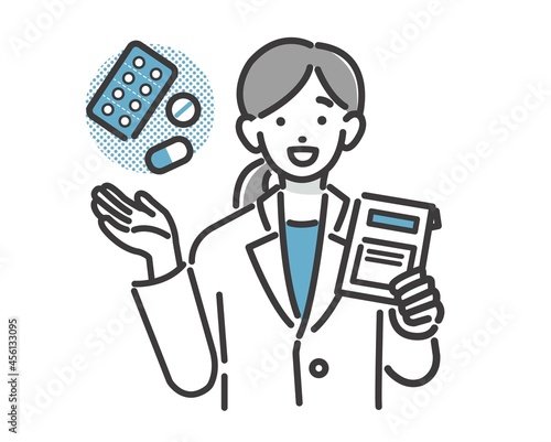 薬の説明をする薬剤師のバストアップのベクターイラスト素材／医者／医療従事者