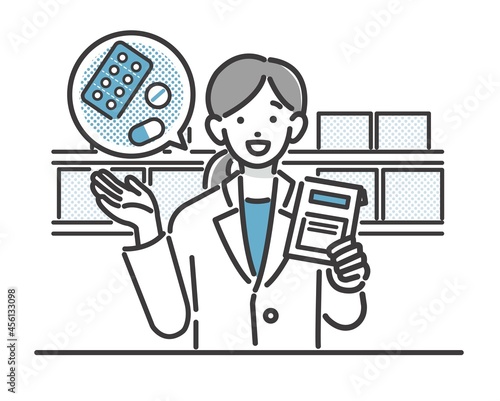 薬局で薬の説明をする薬剤師のバストアップのベクターイラスト素材／医者／医療従事者