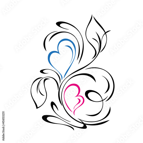 Fototapeta Naklejka Na Ścianę i Meble -  hearts 76. stylized plant with hearts, leaves and curls in black and colored lines on a white background