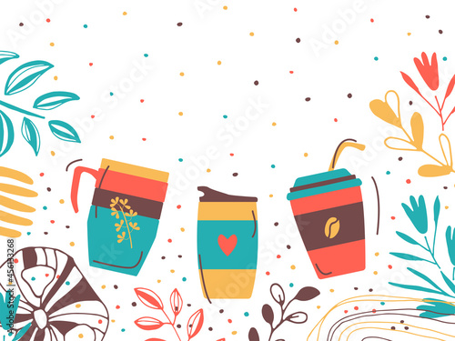 Template for advertising text. A set of cups of coffee in plants, flowers. Place for a slogan. Three espresso cups, reusable paper cup, thermo mug. Vector flat banner illustration.