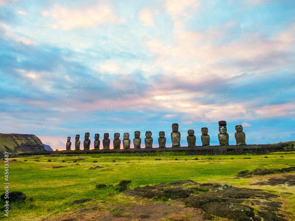 Moai statues on Easter Island. Ahu Tongariki against Blue Sky, Chile, South America