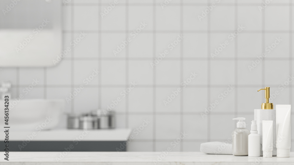 Fototapeta premium Marble bathroom counter table top with mock-up space, bathing accessories, 3d rendering