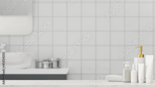 Marble bathroom counter table top with mock-up space  bathing accessories  3d rendering