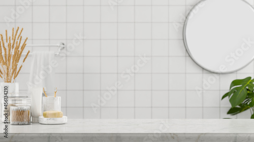 Marble table top and mockup space for montage over minimalist and clean bathroom background, 3d rendering photo