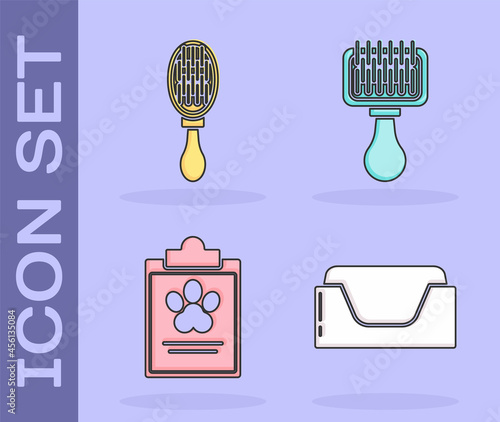 Set Pet bed, Hair brush for dog and cat, Clipboard with medical clinical record pet and Hair brush for dog and cat icon. Vector