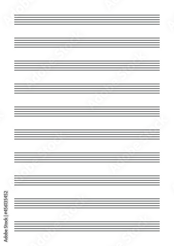 Blank stave vector illustration. Sheet of black lines on a white background. Perfect for planner, notebook, school, print. A4 sheet proportion.