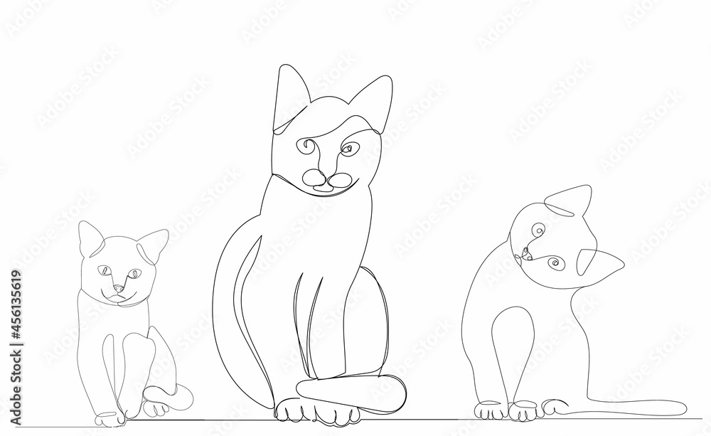 Obraz premium cat and kittens drawing by one continuous line, sketch