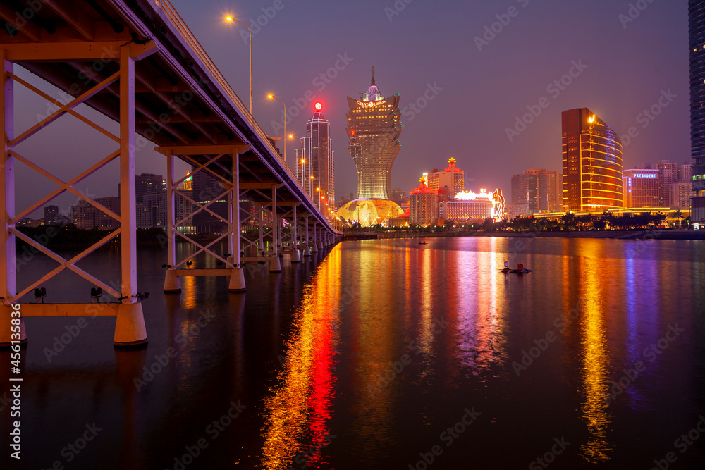 .Taipa Bridge & Macau Cityscape from Taipa Island at night, Macau