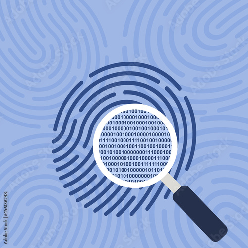A magnifying glass showing the digital details of a fingerprint