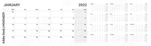 2022 year Calendar template. Planner diary in a minimalism style. Corporate and business calendar. Organizer. Monthly calendar. Daily planner.