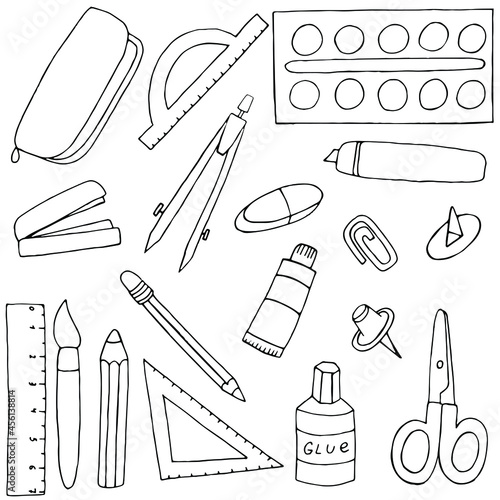 a set of school stationery - pencil case, ruler, paints, pencils, scissors, eraser, set of vector elements in doodle style with black outline, coloring book