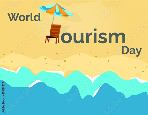 Sea beach background vector with sea umbrella and relaxation chair at the seashore. World Tourism Day vector illustration. 