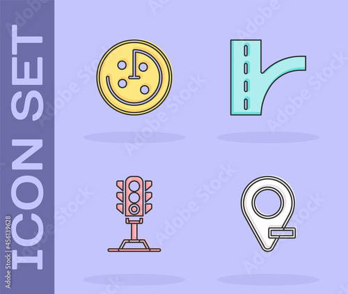 Set Location, Radar with targets monitor, Traffic light and Road traffic sign icon. Vector