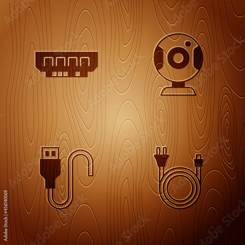 Set Electric plug, RAM, random access memory, USB cable cord and Web camera on wooden background. Vector