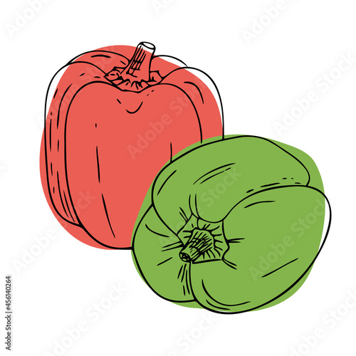 Bell pepper icon.Hand-drawn doodle sketch with abstract spot.Vegetarian food,vegetable with vitamins for healthy lifestyle,balanced nutrition,correct diet.Isolated. Vector illustration.