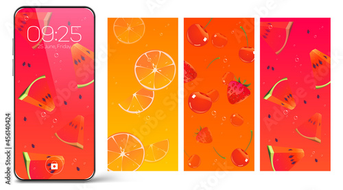 Smartphone lock screens, mobile phone onboard pages, wallpaper with fresh fruits, date, week day and time, abstract background for digital device, ui application template, user interface design mockup