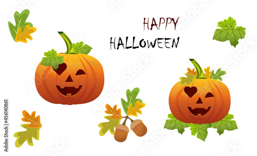 A set of pumpkins with carved eyes and mouth on a white isolated background, additionally a set of leaves and hazelnuts. Vector elements for the Halloween holiday.