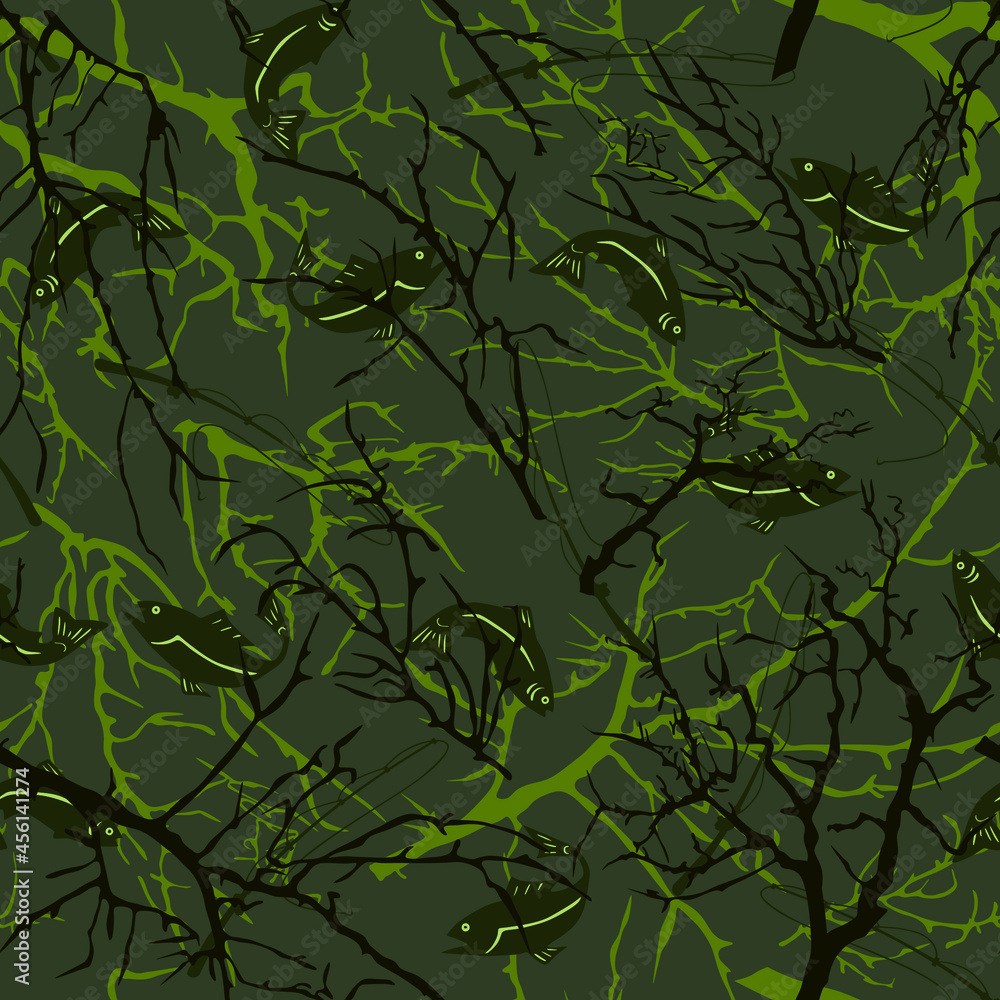 Forest pattern with fish and fishing rods. Vector. Forest pattern with fish and fishing rods. Vector.