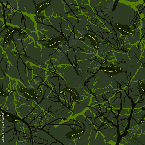 Forest pattern with fish and fishing rods. Vector.
